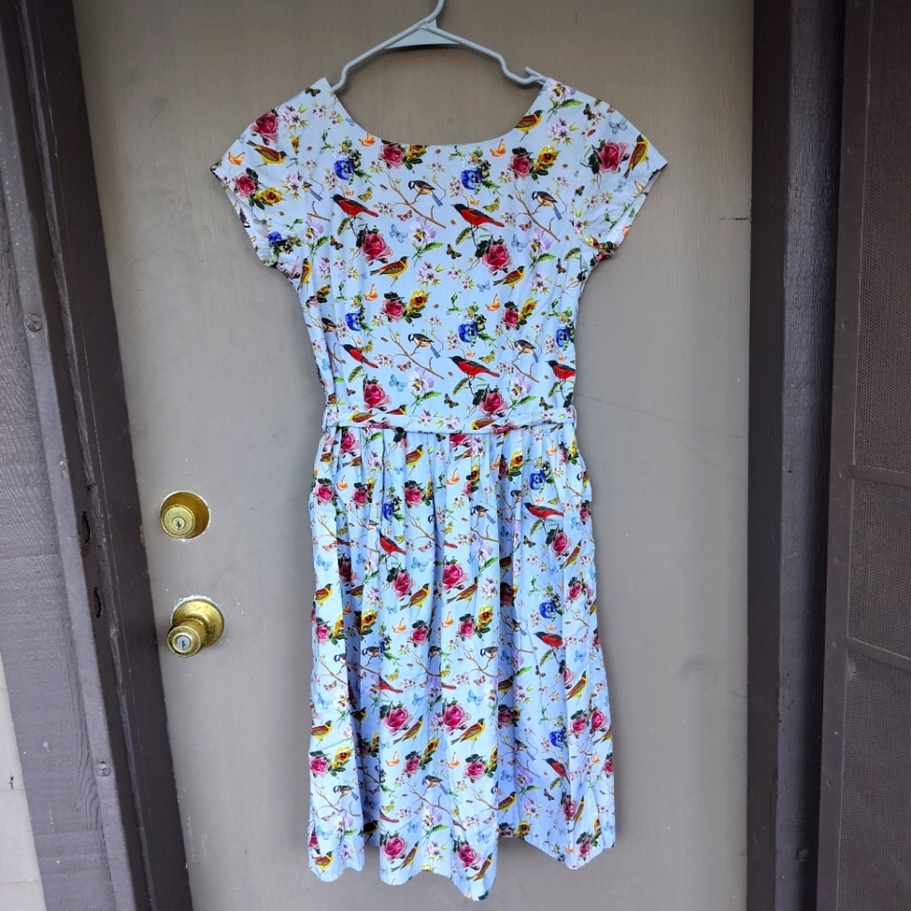 Run & Fly Floral Bird Print Short Sleeve‎ A-line Retro Vintage Inspired Dress